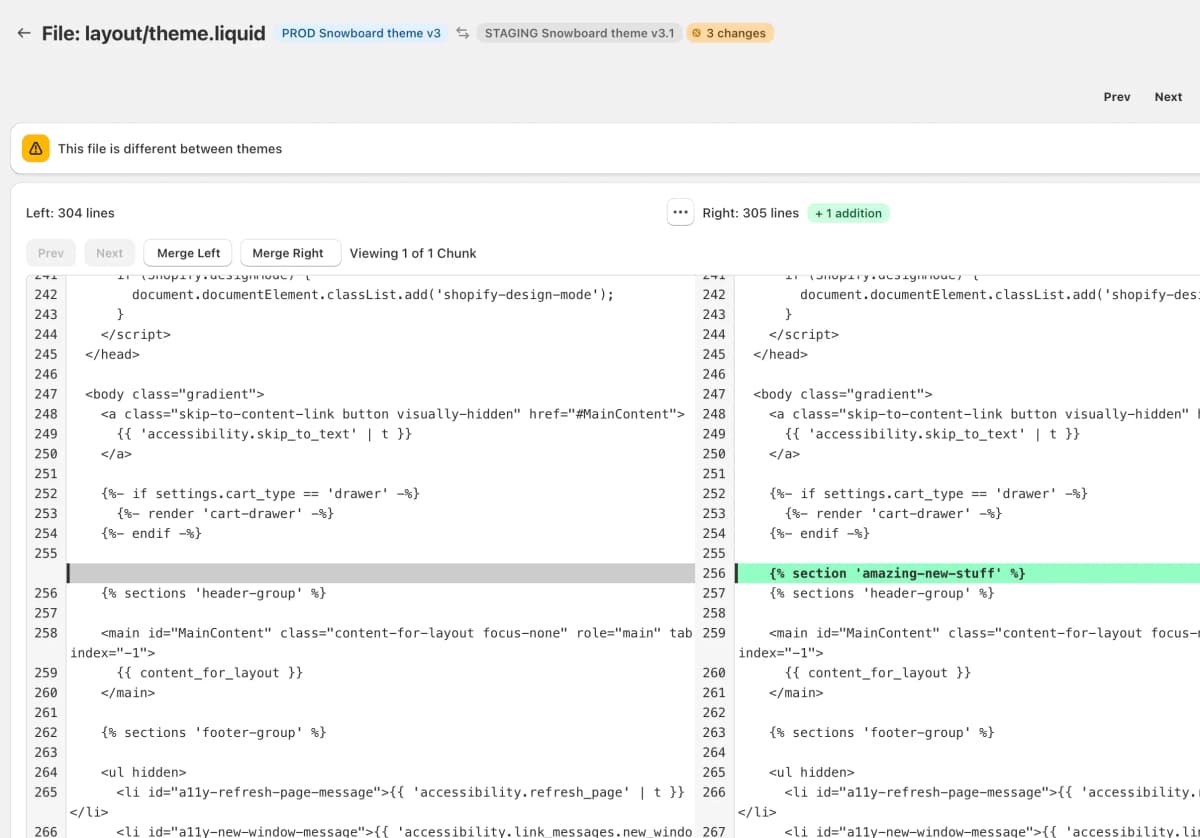 The diff editor comparing a Shopify liquid file